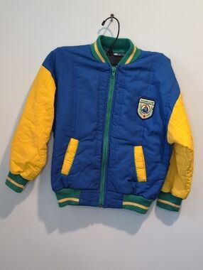 Vintage Color Block Blue & Yellow  Varsity Quilted Jacket with Badge